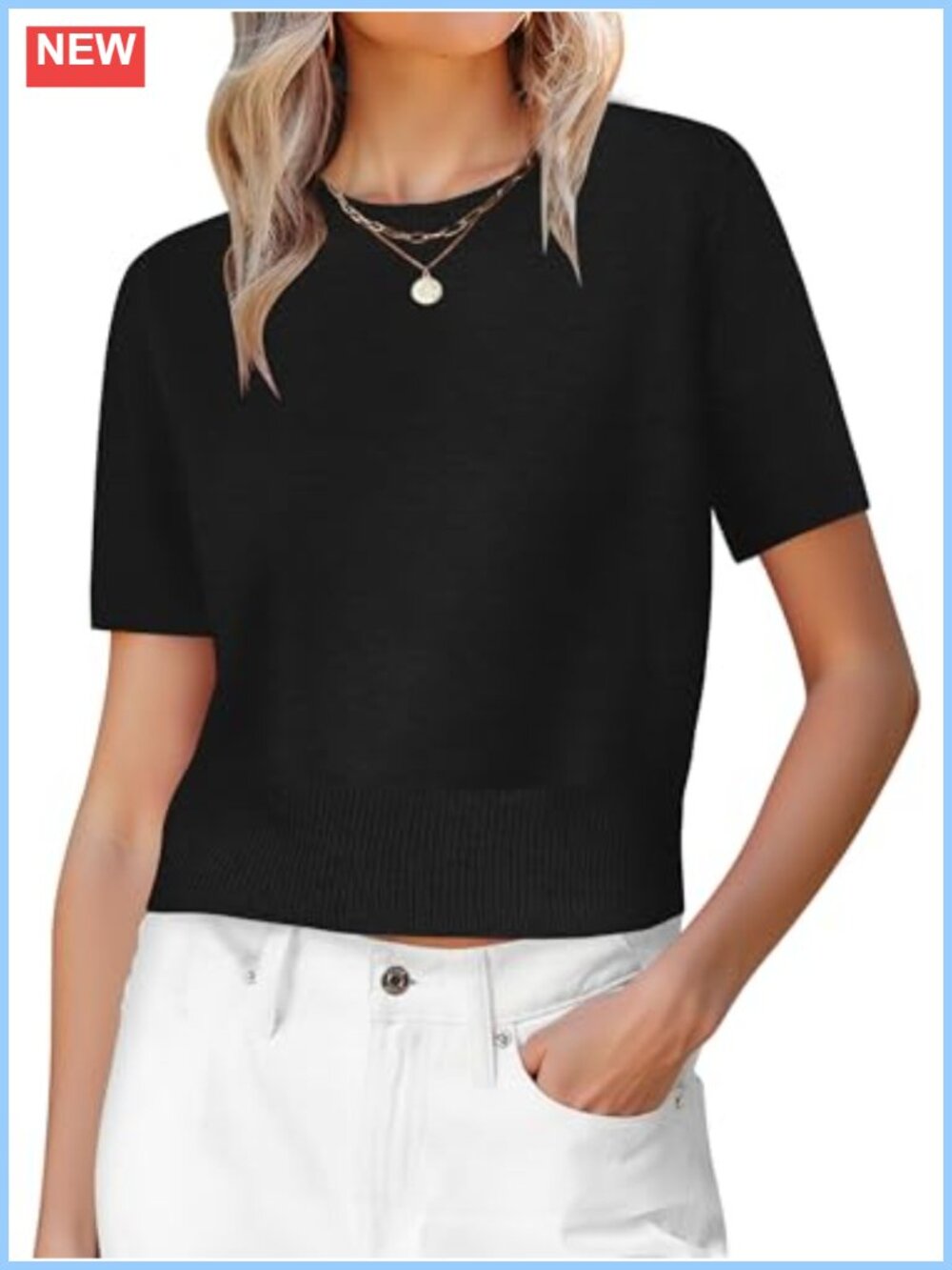 Cropped Crew Neck Short Sleeve Knit Sweater Pullover